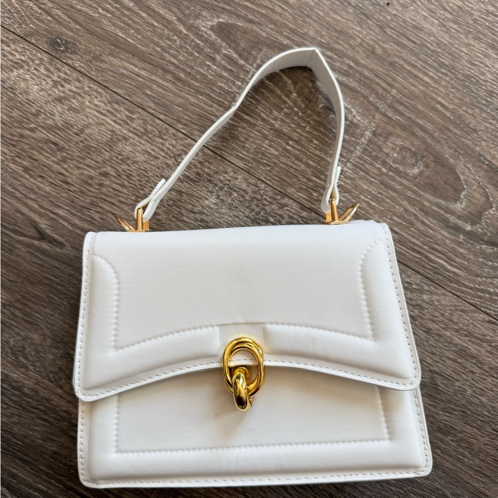 White and Gold Mini Bag with Textured Leather and Gold Clasp